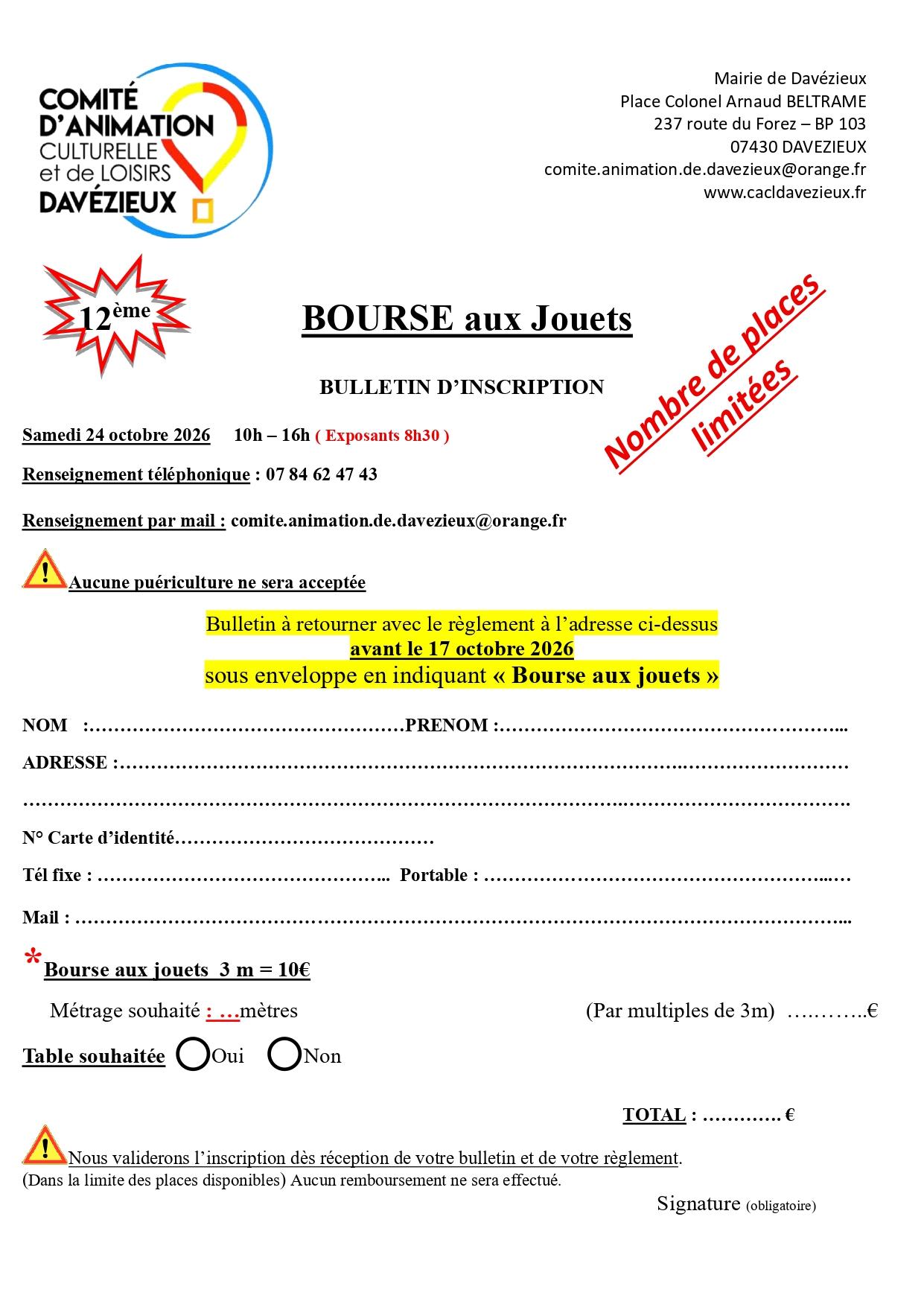 Bulletin d'inscription bourse aux jouets